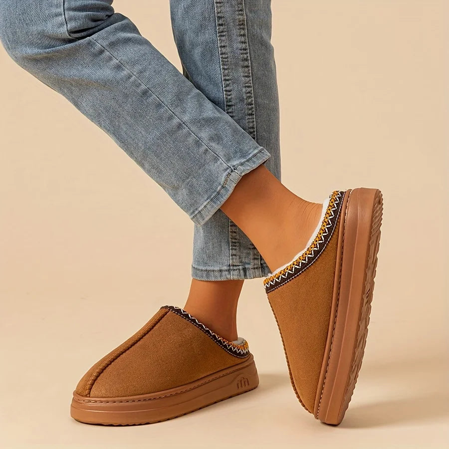 Winter warm slippers for men and women couples - plush lining, non-slip thick soles, indoor and outdoor warm solid color