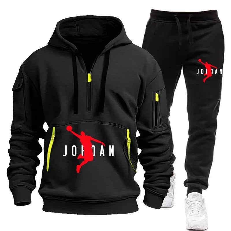 men's tracksuit zipper hood multi-pocket and protective pants casual