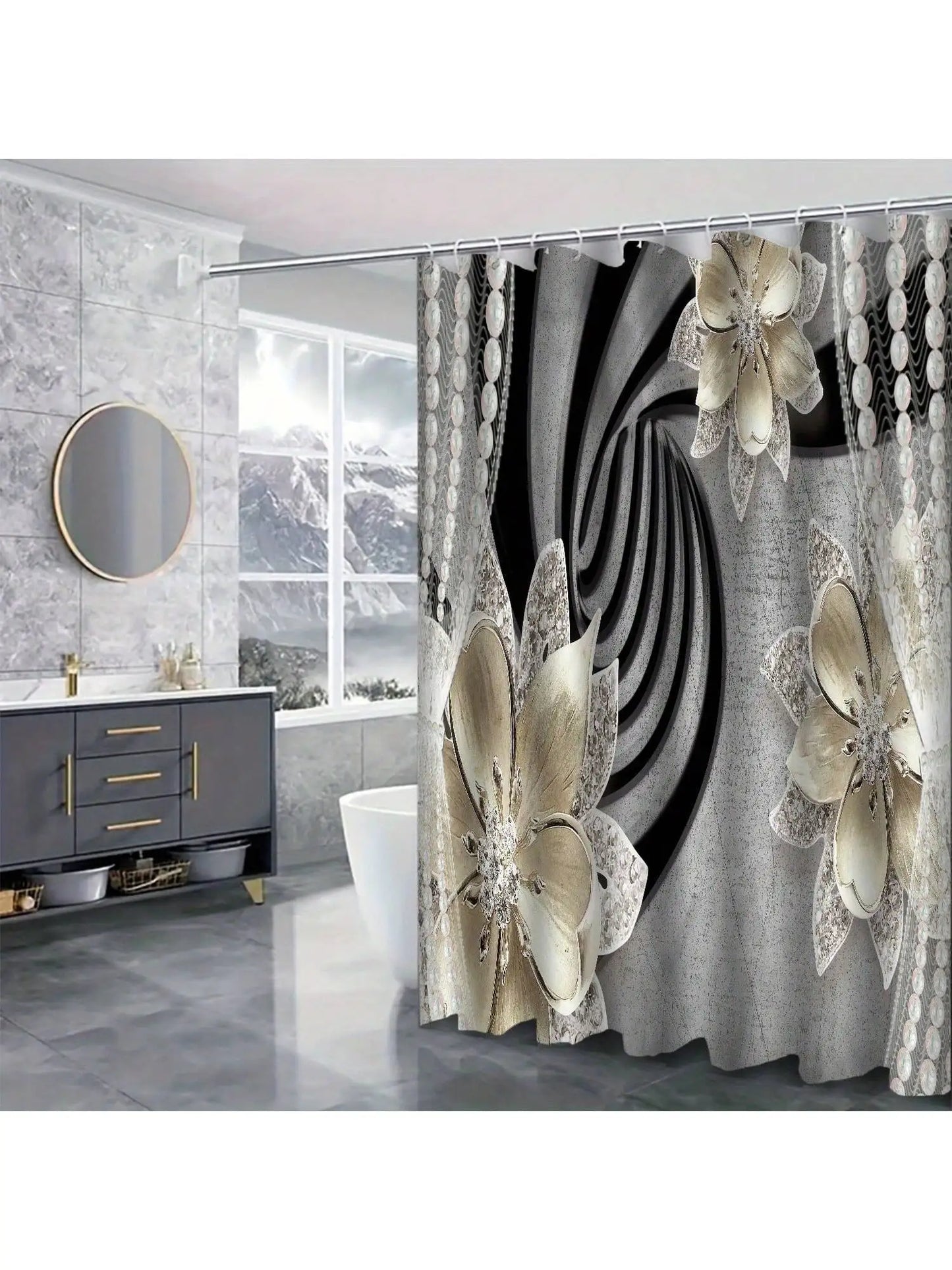 4pc Modern Diamond Flower Shower Curtain Set, Simple Gray Line Bathroom Shower Curtain, Non Slip Pad,Equipped With 12 Free Hooks