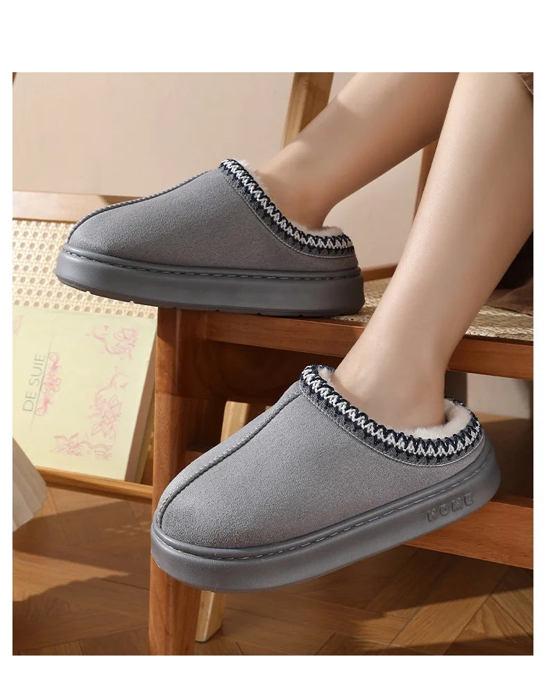 Winter warm slippers for men and women couples - plush lining, non-slip thick soles, indoor and outdoor warm solid color