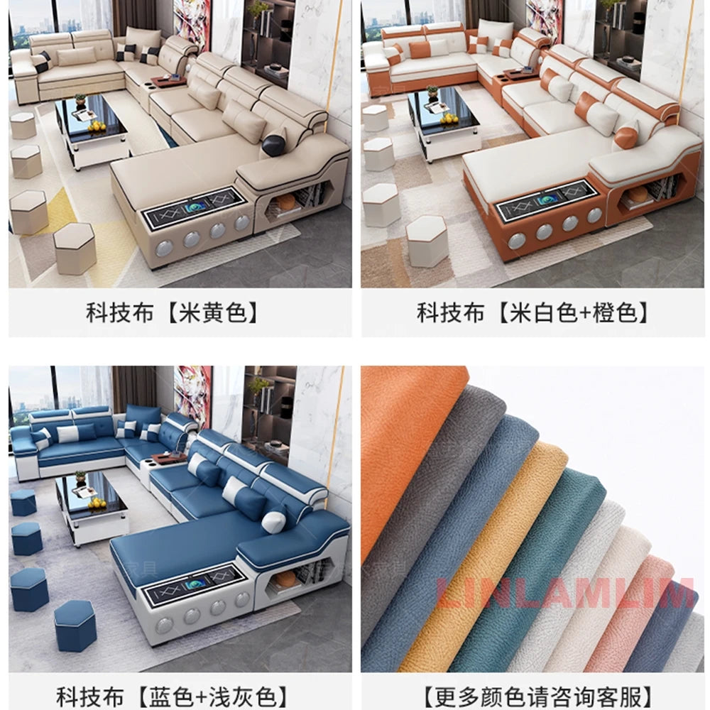 Sofa Set with Chaise Lounge, Bluetooth Speakers, and USB Charging Ports for Living Room