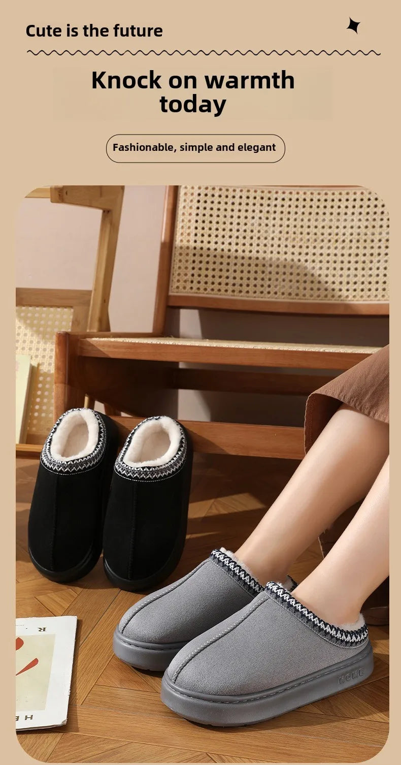 Winter warm slippers for men and women couples - plush lining, non-slip thick soles, indoor and outdoor warm solid color