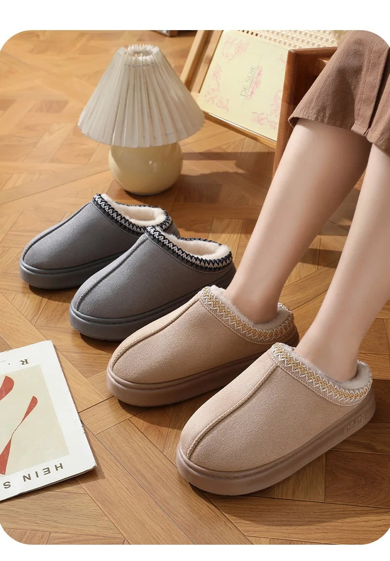 Winter warm slippers for men and women couples - plush lining, non-slip thick soles, indoor and outdoor warm solid color