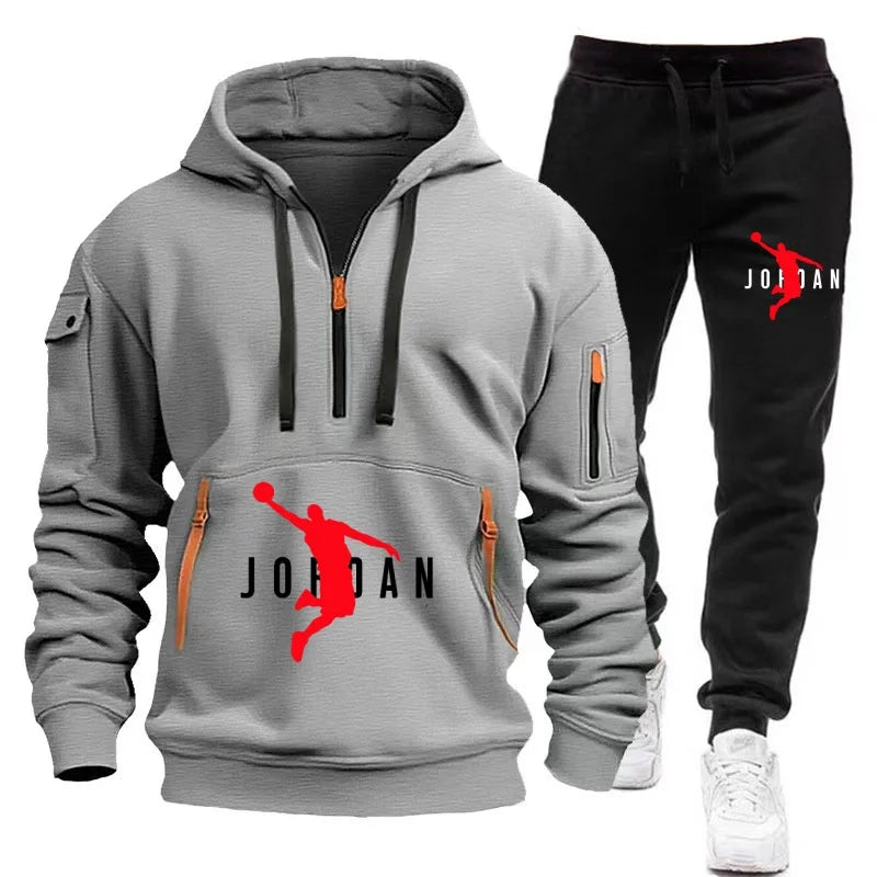 men's tracksuit zipper hood multi-pocket and protective pants casual