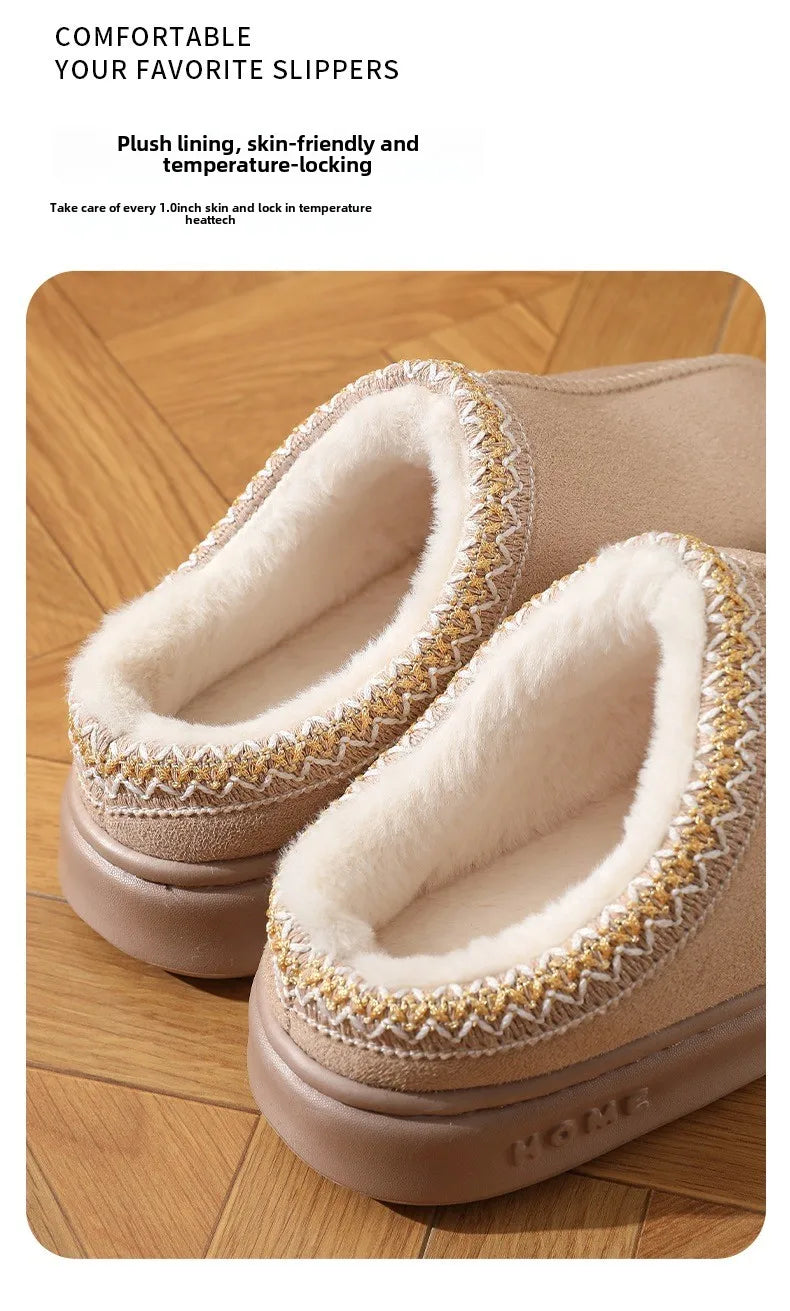 Winter warm slippers for men and women couples - plush lining, non-slip thick soles, indoor and outdoor warm solid color