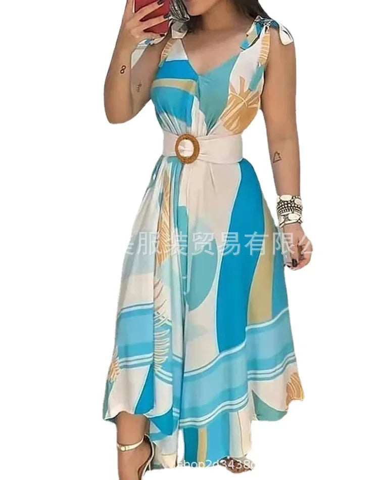 "GraceBloom Midi Dress: Elegant V-Neck Sleeveless Dress for Summer Nights"