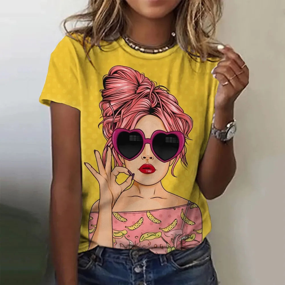 Women's T-Shirts Cartoon Characters Print T-Shirt Harajuku Vintage Short Sleeved Tees O Neck Funny Y2K Top Female Clothing