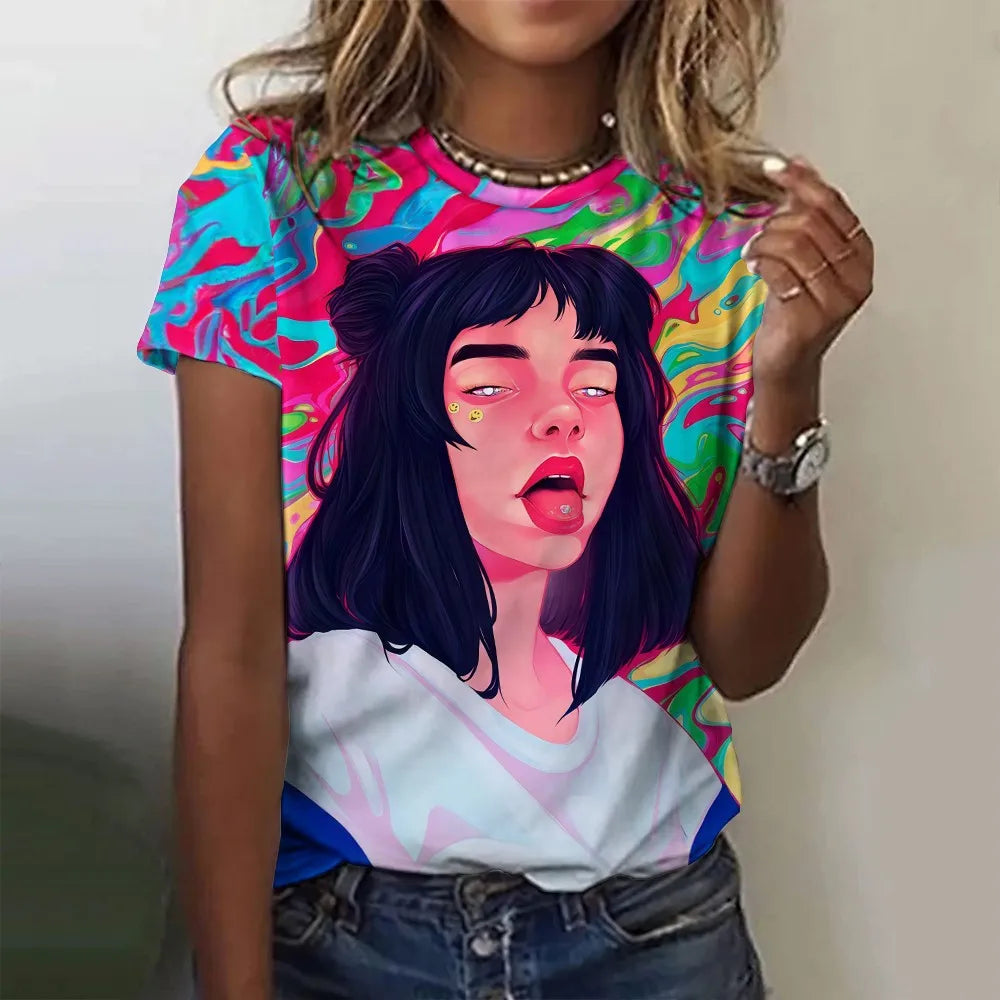 Women's T-Shirts Cartoon Characters Print T-Shirt Harajuku Vintage Short Sleeved Tees O Neck Funny Y2K Top Female Clothing