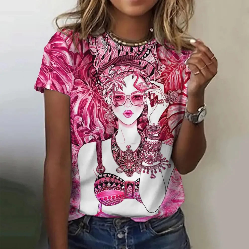 Women's T-Shirts Cartoon Characters Print T-Shirt Harajuku Vintage Short Sleeved Tees O Neck Funny Y2K Top Female Clothing