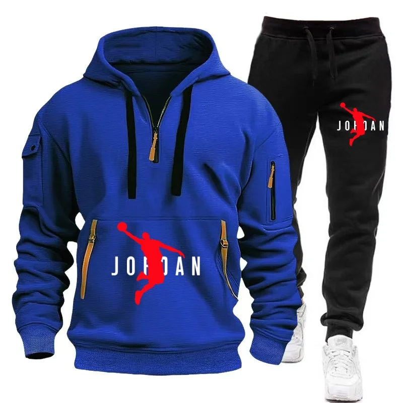 men's tracksuit zipper hood multi-pocket and protective pants casual